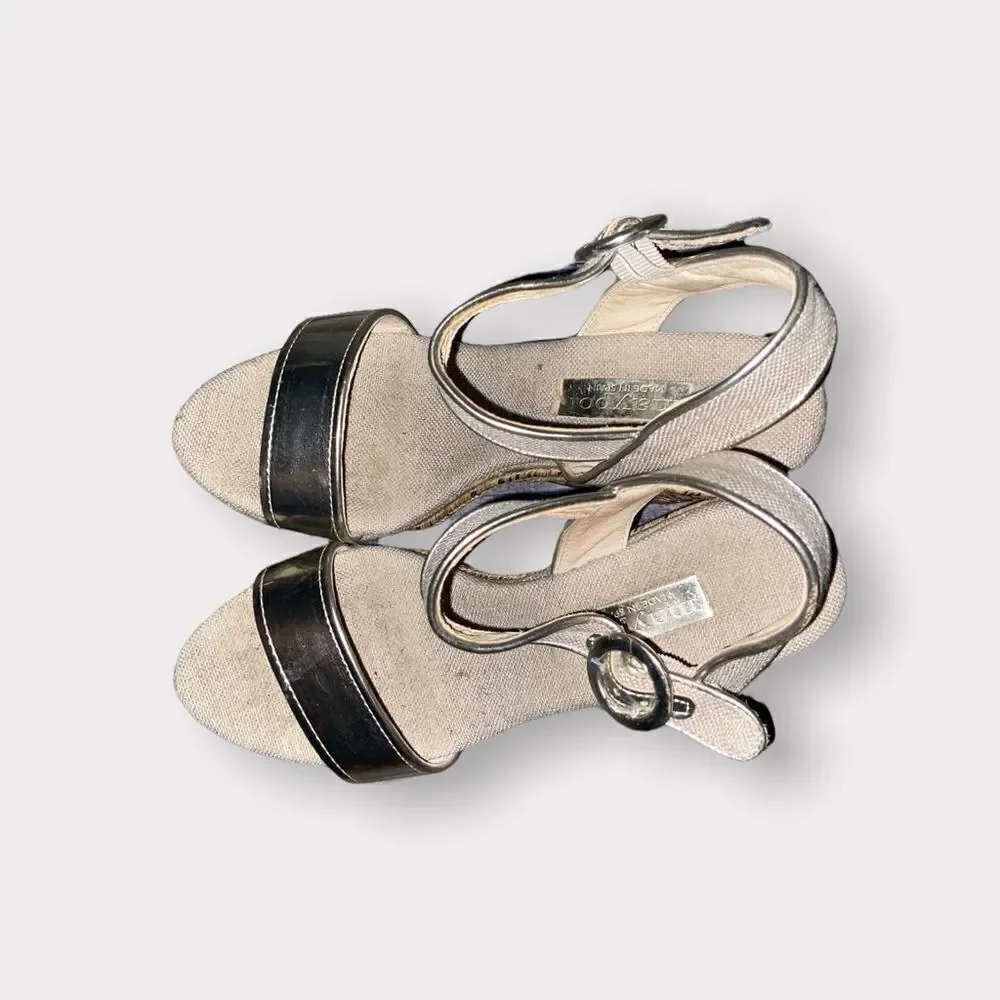 Maypol Gold Leather and Linen Espadrille Wedge Sandals Size 5.5